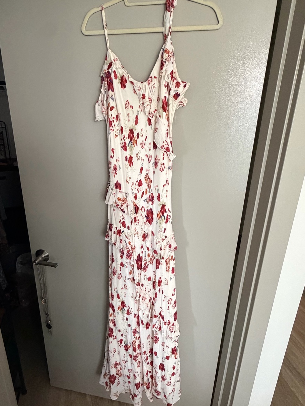 Anthropologie White Maxi Dress with Red Floral Print